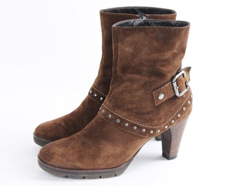 Vintage Brown Suede Ankle Boots: Western Studded Buckle, US 6