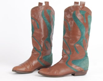 Vintage 70s Western Boots: Brown Leather Swirl Design (US8 / EU38.5)