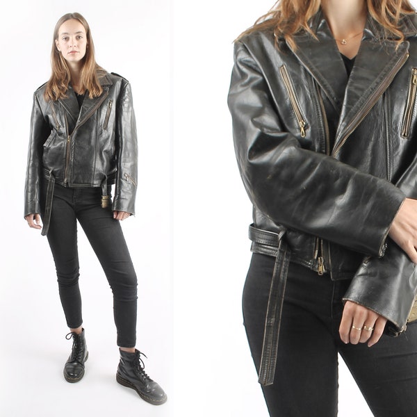 1950s vintage Black Greaser Cuir Oversize Perfecto Moto Veste Road Warrior Authentique Badass Zipper Robuste pour Femme ou Homme