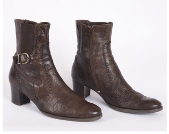 Vintage Brown Leather Ankle Boots: 90s Suede Zipper, EU40.5 UK8 US10