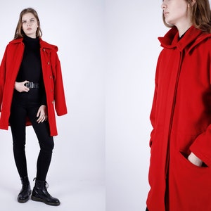 1960s Vintage Red Wool Hooded Winter Autumn Coat Hood Greatcoat Jacket for Women