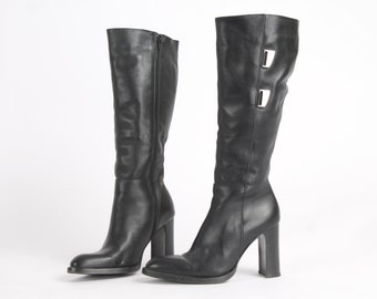 Vintage Black Leather High Calf Boots: Elegant Winter Booties (US5.5 / EU36)