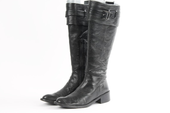 Vintage Black Leather Knee High Boots, Cuffed Buckle Detail, Low Block Heel, EU 37