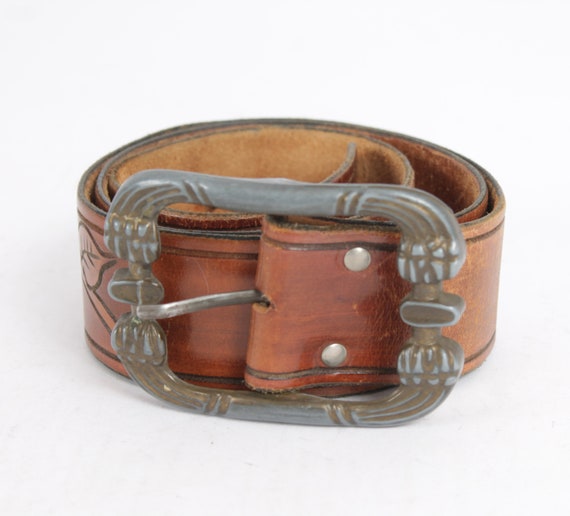 Vintage Brown Leather Cowboy Belt: Floral Tooled Western  display picture 3
