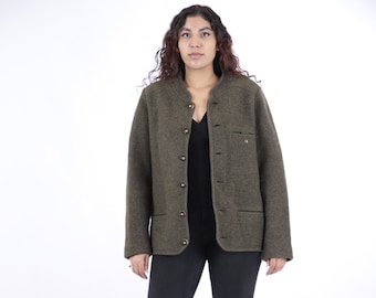 70er Vintage Olivegrüne Schurwolle Strickjacke Österreichischer verziert Pullover für Frauen