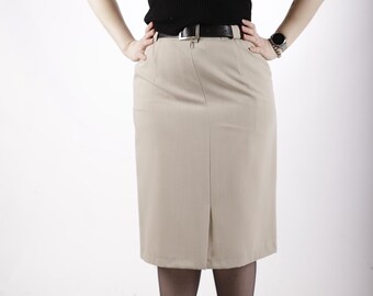 Falda formal con cinturón color crema, estilo vintage de los años 80, en color topo beige claro