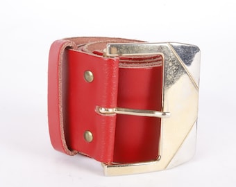 Vintage Red Leather Waist Western Belt Genuine Leather Real Leather Gold Steel Buckle