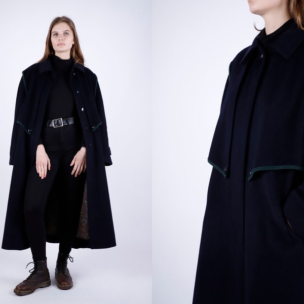 1970s Vintage Rare Dark Marine Blue Long Wool Loden Winter Autumn Coat with Beautiful Green Interior for Women