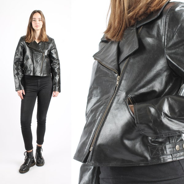 Années 1990 vintage Black Greaser Leather Perfecto Veste de moto surdimensionnée Road Warrior Authentique Badass Zipper Robuste pour les femmes