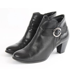 US8.5 Vintage Ankle Boots Black Buckle Belted Cone Heel Leather for Women size EU 39 UK 6.5 US 8.5