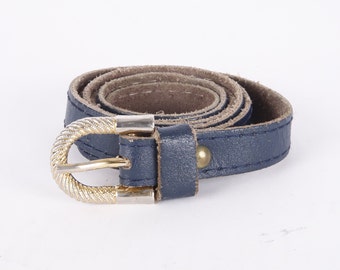 Vintage Dark Marine Blue Classy Full Grain Leather Belt Genuine Leather Real Leather Gold Steel Buckle