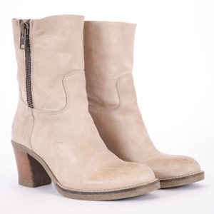 Vintage High Heel Zipper Beige Booties Leather Elegant Ankle Boots Women size EU37 / UK4.5 / US6.5