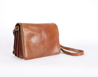 Vintage Brown Genuine Leather Bag Shoulder Bag and Crossbody Bag Messenger Purse Bag 80s Leather Bag
