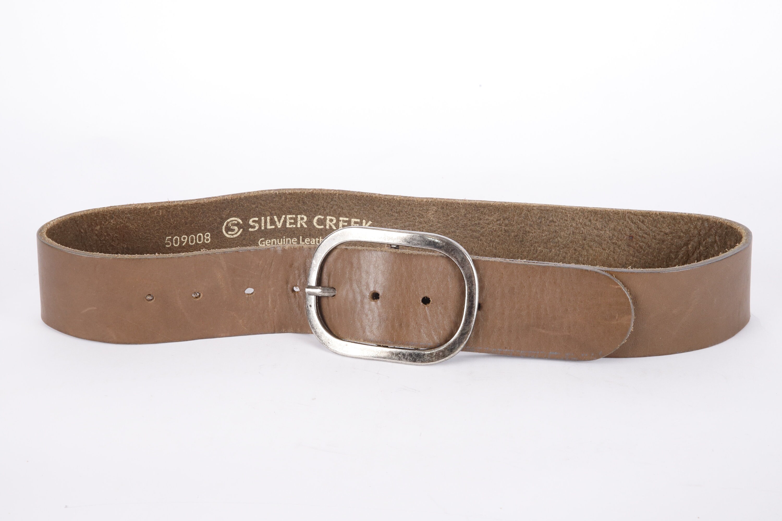 Vintage Silver tone oval Buckle Brown western faux Leather Belt white stitching Oval Circle Silver Leather Belt With Brown Strap - 1 main image 4