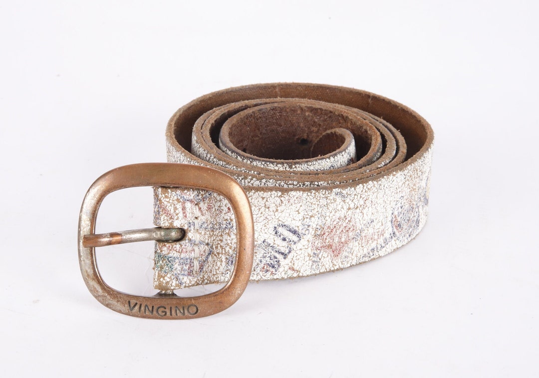 Vintage White Faded Decorated Distressed Belt Genuine 