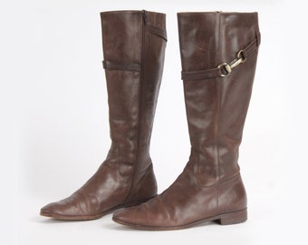 Stivali alti in pelle marrone vintage - Dettaglio con cerniera e cintura (US5.5 / EU36)