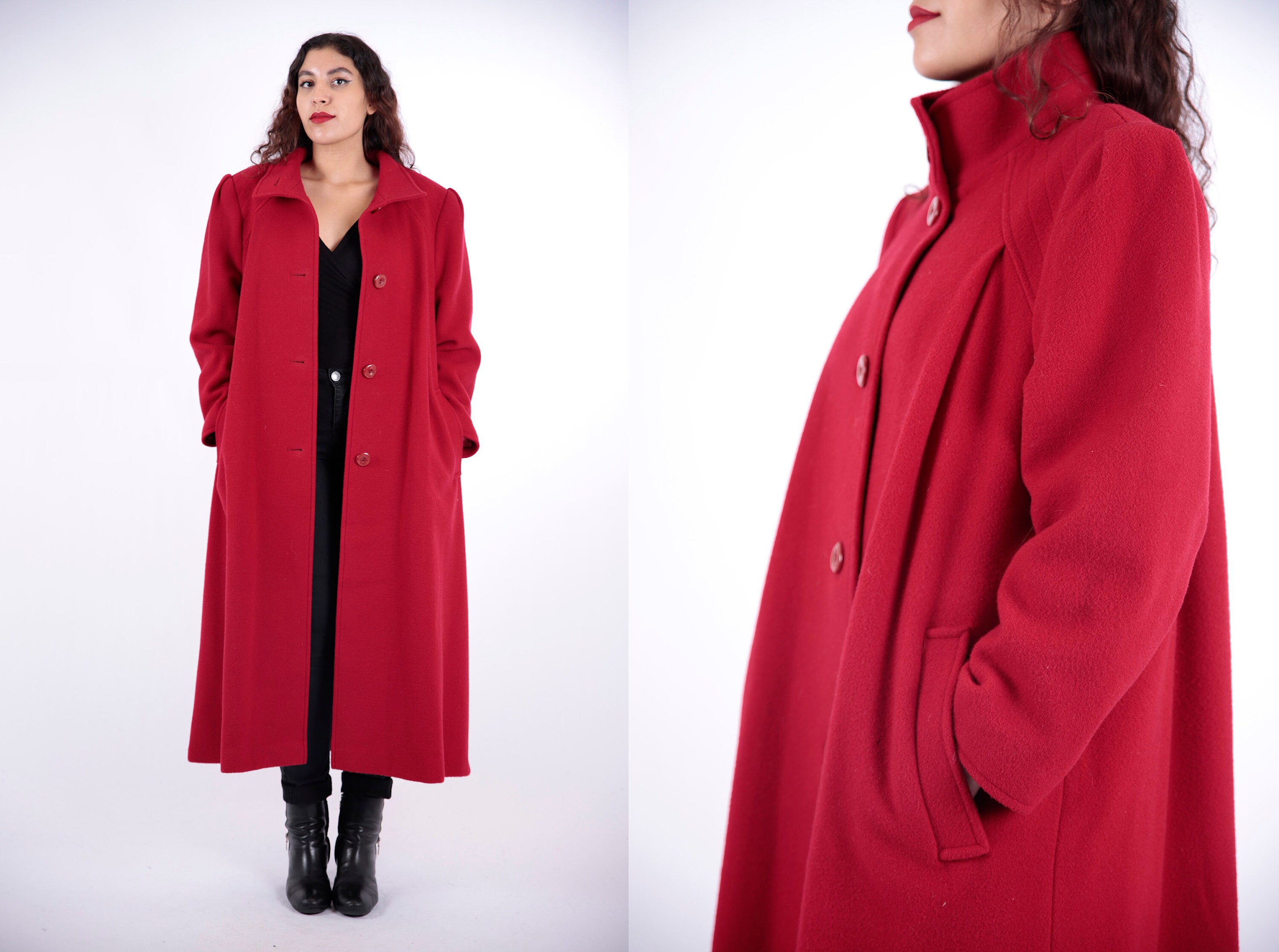 1970er Jahre Vintage Klassische Rote Karminrote Woll Herbst Winter