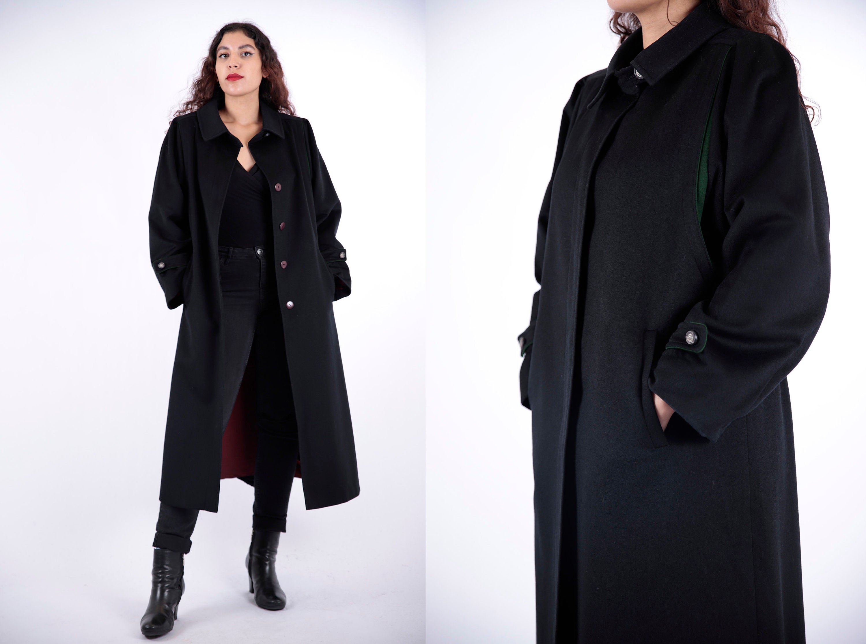 1970s Vintage Black Coat Wool Loden Austrian Greatcoat