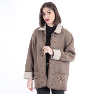 70s Vintage Beige Cardigan Decorated Icelandic Sweater for Women