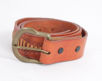 Vintage Brown Leather Western Belt: Interwoven Cowboy Design