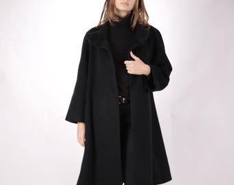 1970s Vintage Black Winter Coat Wool Overcoat Topcoat Greatcoat Jacket for Women