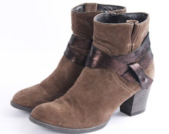 Vintage Suede Ankle Boots: Brown Leather Strapped Booties (US 6.5 / EU 37)