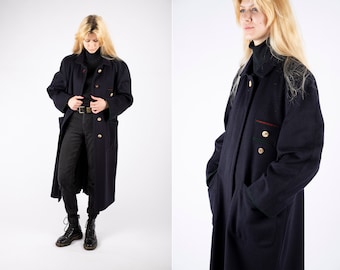 1970s Vintage Blue Coat Loden Wool Greatcoat Overcoat Navy Winter Autumn for Women