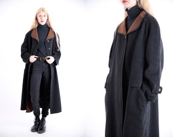 1970s Vintage Dark Grey Brown Wool Loden Greatcoat Overcoat Winter Gray Autumn Coat for Women