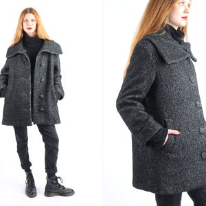 1970s Vintage Black White Checkered Herringbone Houndstooth Pied De Poule Winter Coat Winter Wool Topcoat Greatcoat Jacket for Women