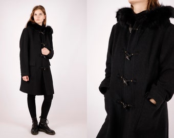1960s Vintage Black Winter Coat Wool Golden Buttons Autumn Overcoat Topcoat Greatcoat Jacket for Women