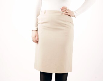 Falda formal vintage beige crema de los años 80 con bolsillos