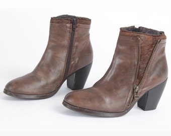 Hochwertige Leder Stiefeletten Vintage 90er Jahre Braun Reißverschluss für Frauen Größe 39