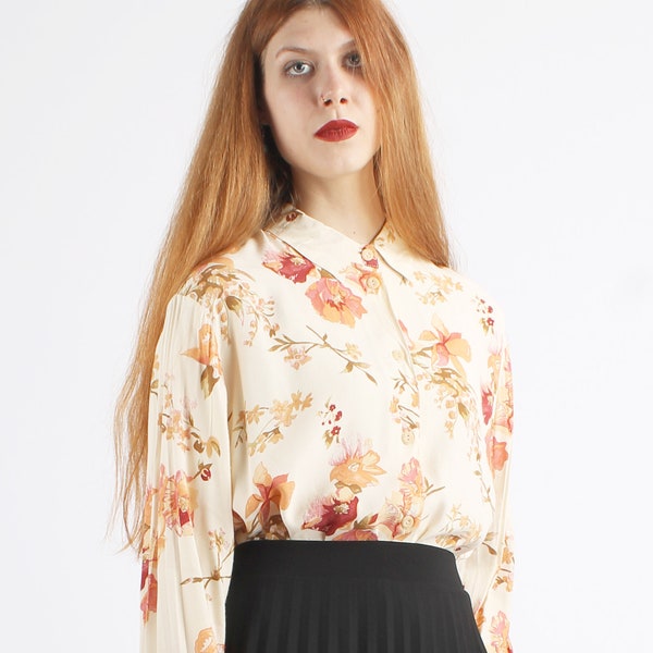 70s Vintage Beige Autumn Button Up Leaves Botanic Buttoned Shirt Top Print Blouse for Women