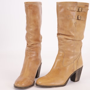 US9.5 Vintage Cognac Leather Side Tie Buckles Zipper Booties for Women size EU 40 UK 7.5 US 9.5