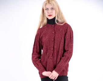 Suéter tipo cárdigan tejido a mano en burdeos y rojo vintage de los años 80 para mujer