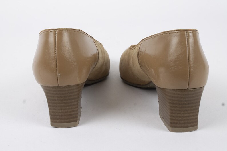 US7.5 Vintage Beige Partial SuedeLeather Heels Retro 70s Pumps Block Heel Womens Shoes EU38 UK5.5 US7.5