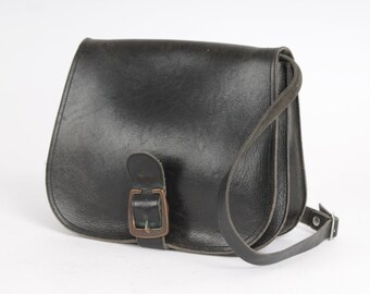 vintage Noir Véritable Sac en cuir Sac à bandoulière et sac à bandoulière Petit sac messager voyageur Sac à main 80s Sac en cuir