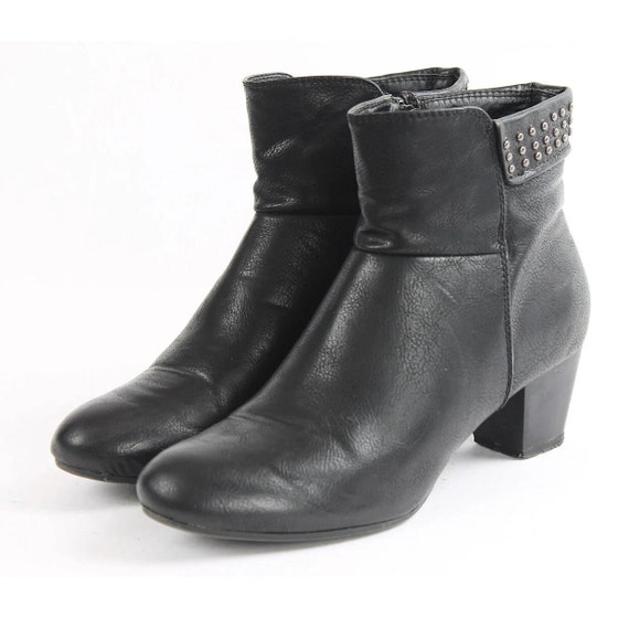 Vintage Black Faux Leather Ankle Boots, Studded Strap, Side Zip, Block Heel, EU 40