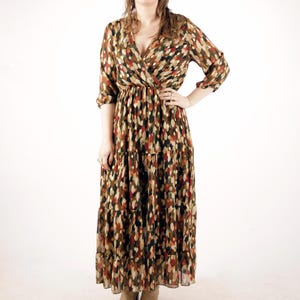 80s Vintage Bohemian Autumn Leaves Long Sleeve Maxi Dress Vintage Boho Wrap Dress