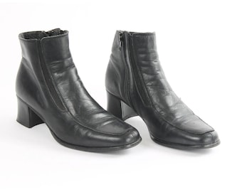 Vintage Black Leather Block Heel Boots - Made in Italy - US8 / EU38.5