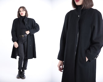 Abrigo de lana negro vintage de los años 60: gabardina para mujer, talla S