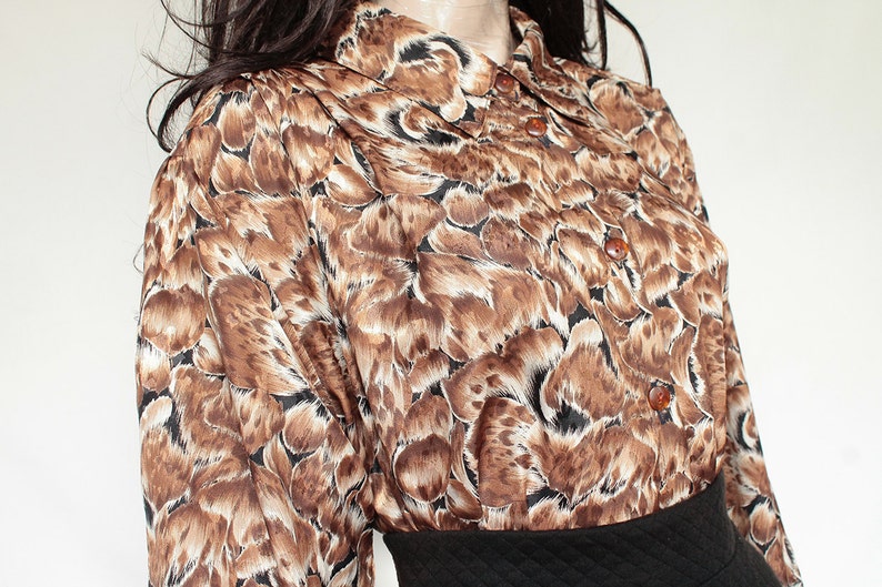 70s Vintage Blouse Button Up Bohemian Floral Brown Burned Orange Patterned Blouse for Women