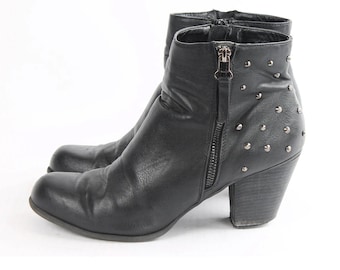 Vintage Black Studded Ankle Boots - Faux Leather, US 10.5