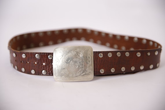 Vintage Brown Full Grain Leather Belt Studs Genui… - image 2
