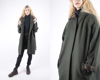 Années 1970 vintage Vert Olive À Capuchon Laine Loden Longcoat Hood Greatcoat Overcoat Automne Hiver pour les femmes