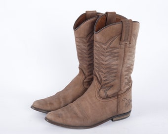 Vintage Brown Leather Cowboy Booties with Horse Engraving (EU37 / US6.5)