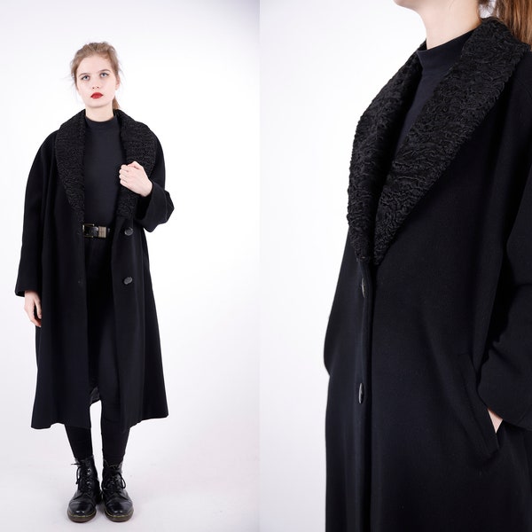 1970s vintage Black Wool Loden Greatcoat Overcoat Winter Black Fluffy Collar Manteau d’automne pour femmes