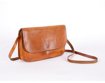 Vintage Cognac Bohemian Genuine Leather Bag Shoulder Bag and Crossbody Bag Purse Bag 70s Leather Bag