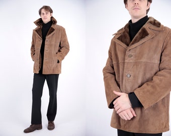 1970s Vintage Brown Beige Warm Shearling Cosy Lammy Coat Leather Winter Longcoat Greatcoat for Men