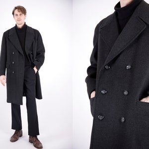 1970er Jahre Vintage Dunkelgrauer Mantel Schwere Wolle Winter Herbst Longcoat Topcoat Herren